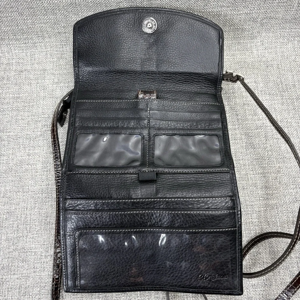 Brighton Black Brown Leather Crossbody Organizer Bag Heart Hardware Mini‎ Purse